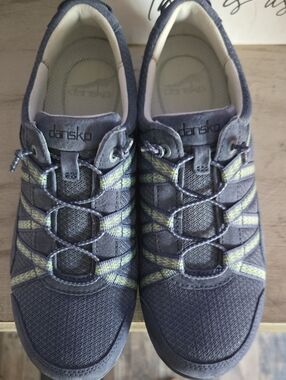 Dansko Harlyn Knit Lace-Up Sneakers in Slate Blue with Yellow-Green Stripes
